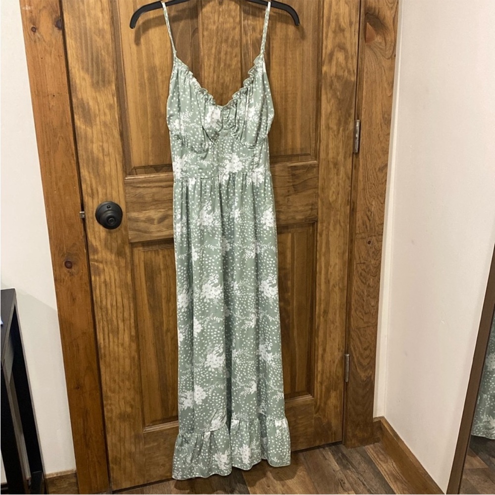 Light Sage Green Floral Midi Dress with Ruffle Hem